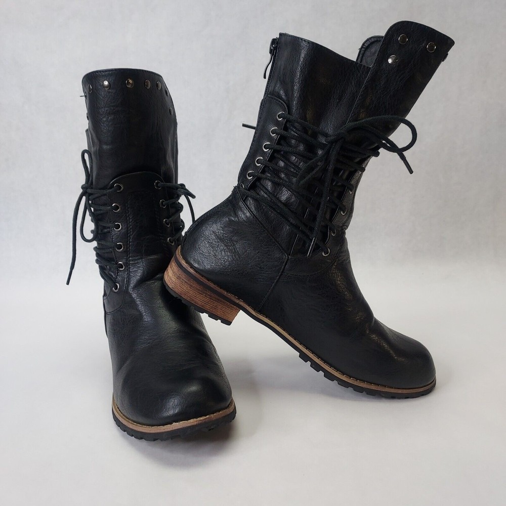 Retro Laced Boots Women Size 8 Mid-calf Block Low Heel Strappy Booties Round Toe